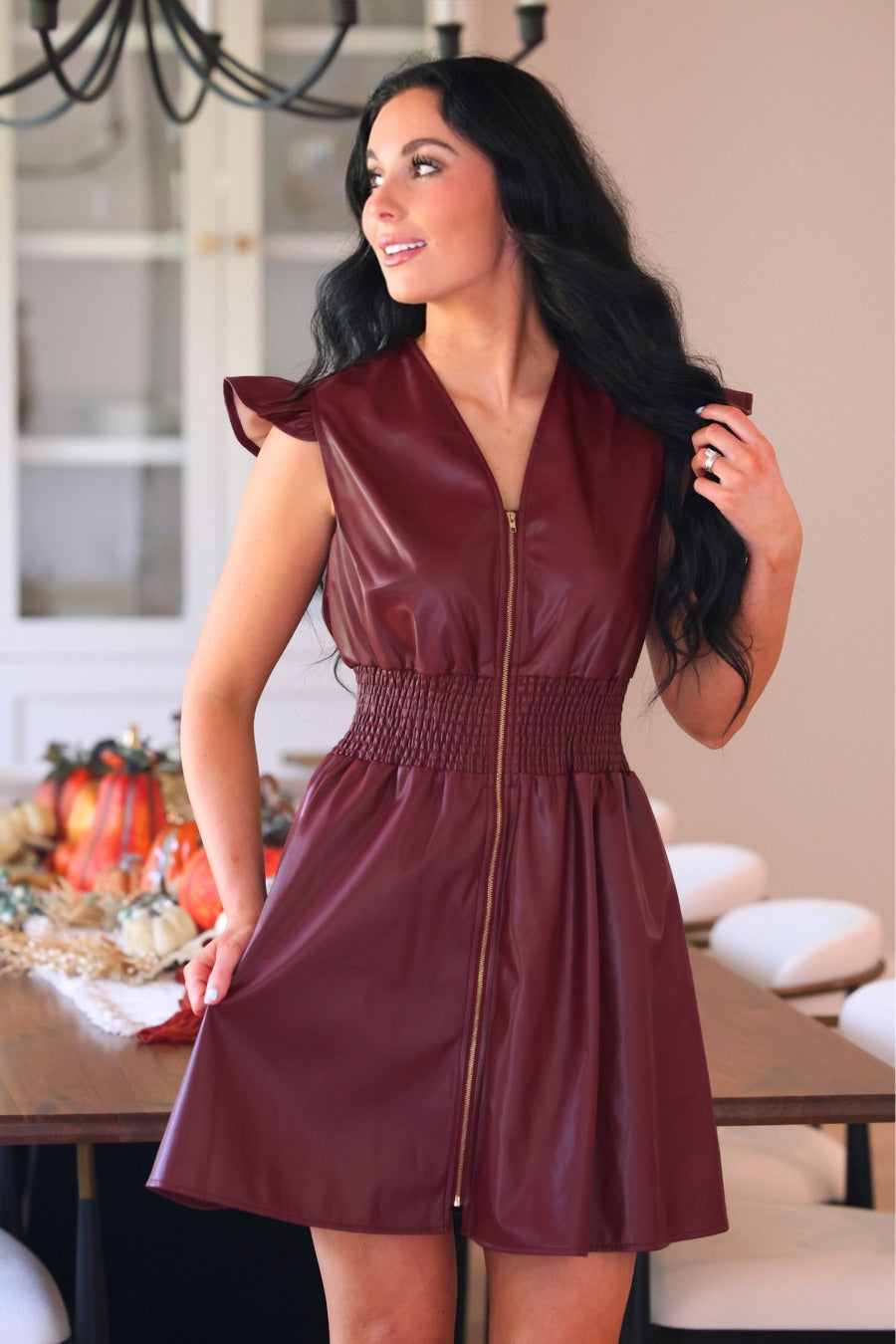 PREORDER- Downtown Leather Zipper Dress- Burgundy-Dress-Dear Me Southern Boutique, located in DeRidder, Louisiana