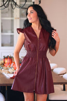 PREORDER- Downtown Leather Zipper Dress- Burgundy-Dress-Dear Me Southern Boutique, located in DeRidder, Louisiana