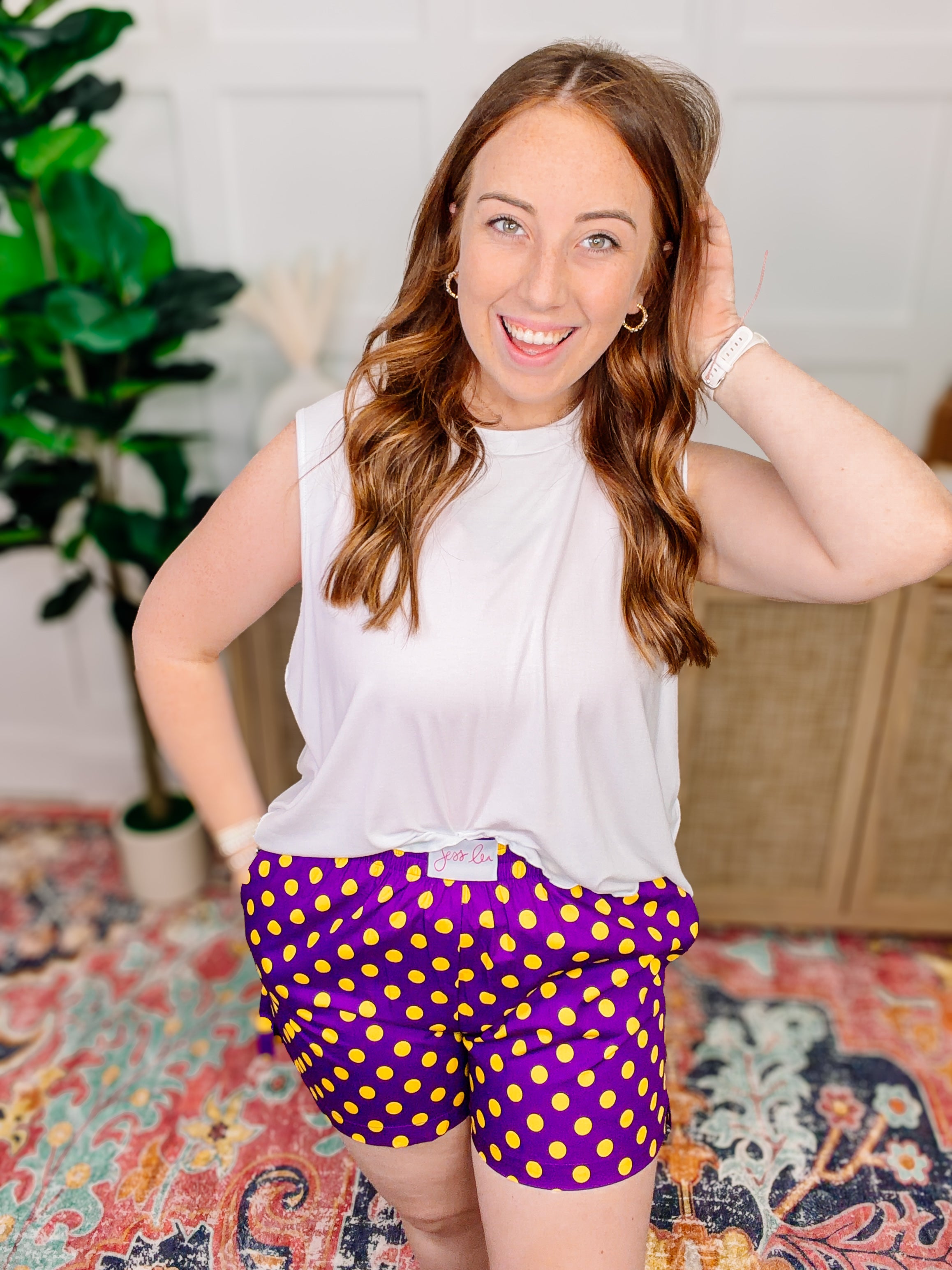 PREORDER: Easy Win Polka Dot Boxer Shorts- Purple-Bottoms-Dear Me Southern Boutique, located in DeRidder, Louisiana