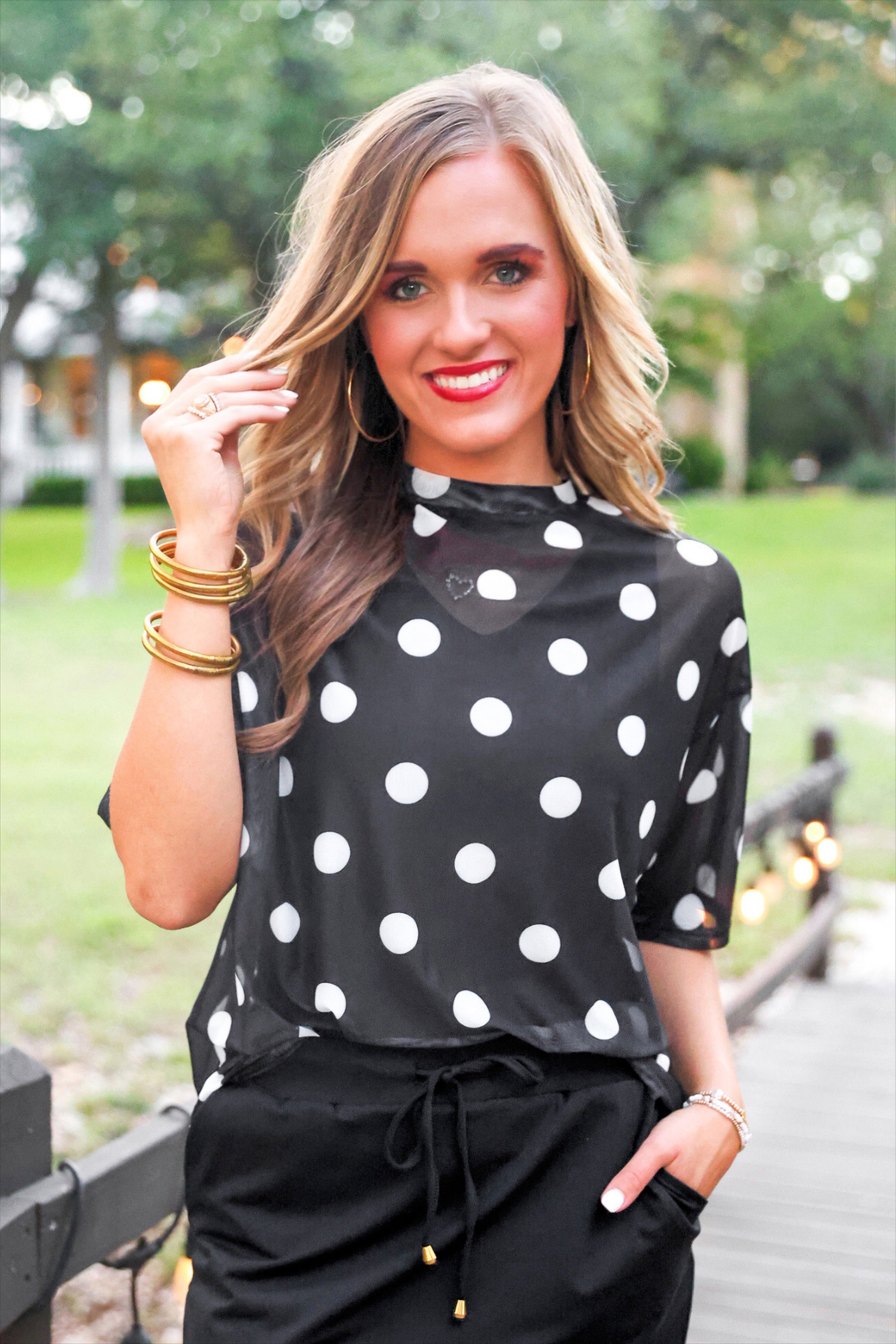 PREORDER- Emma Mesh Tee- After Dark Polka Dot-Top-Dear Me Southern Boutique, located in DeRidder, Louisiana