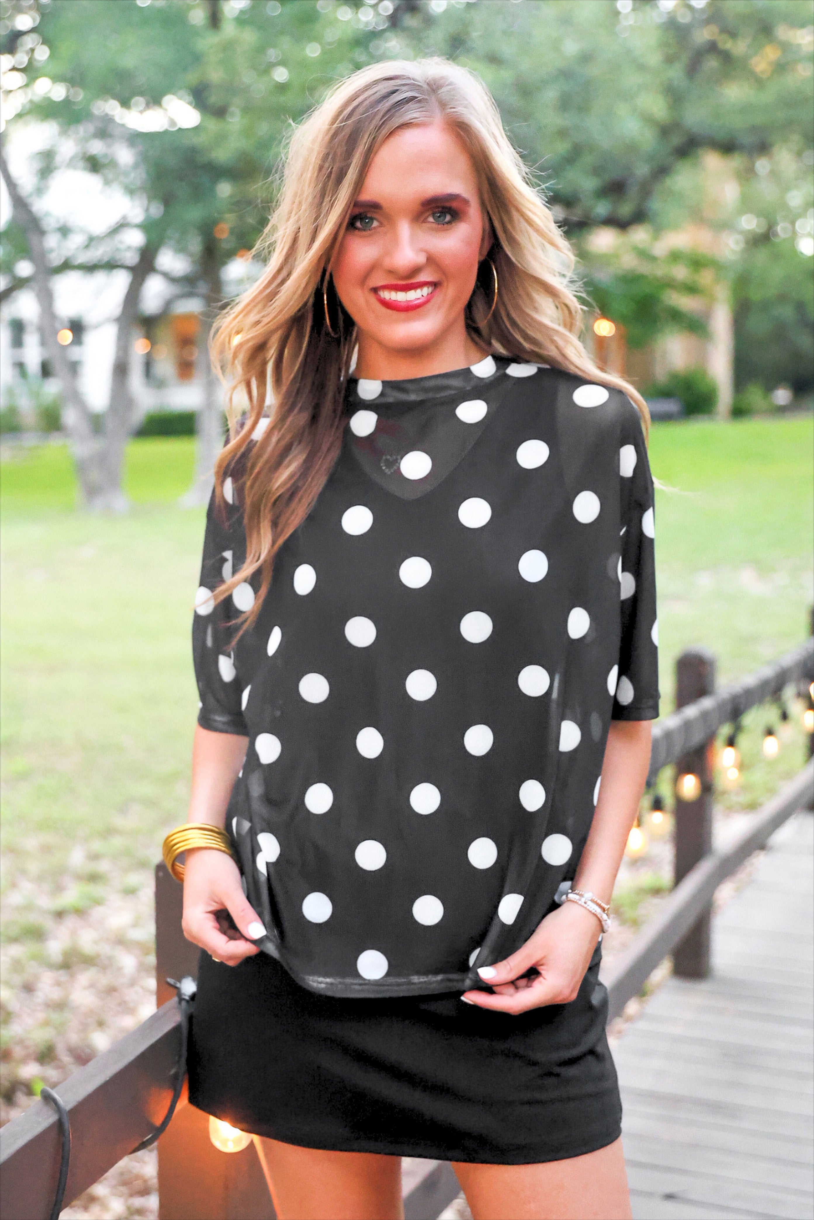 PREORDER- Emma Mesh Tee- After Dark Polka Dot-Top-Dear Me Southern Boutique, located in DeRidder, Louisiana