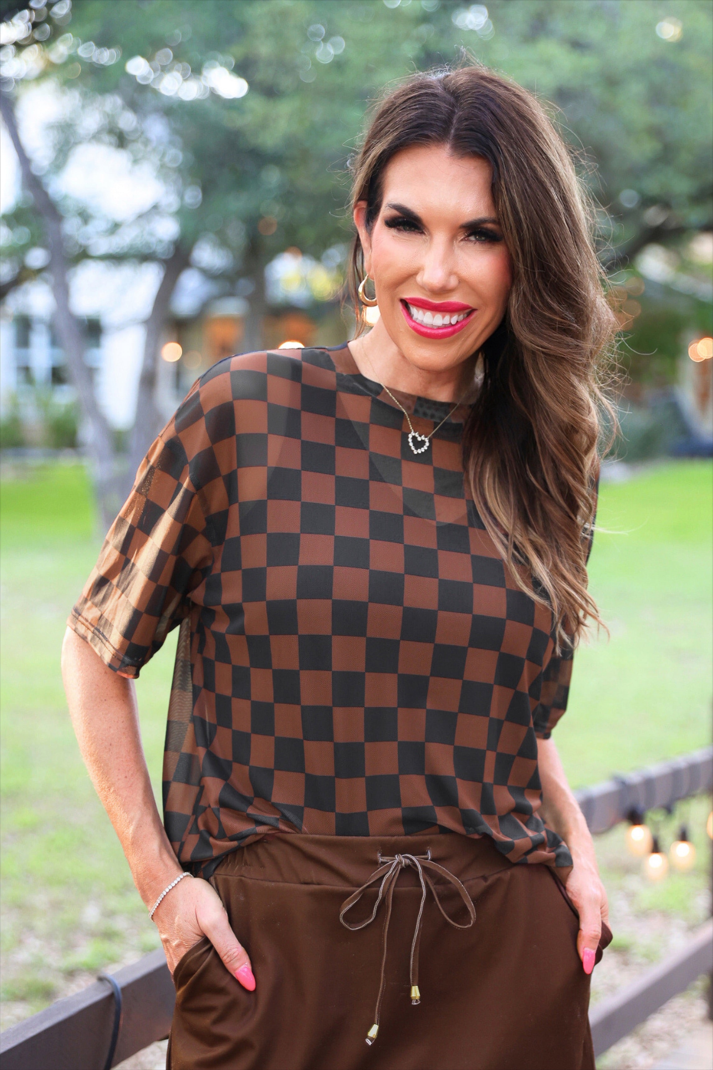 PREORDER- Emma Mesh Tee- Black and Chocolate Checkered-Presales-Dear Me Southern Boutique, located in DeRidder, Louisiana