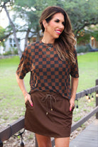 PREORDER- Emma Mesh Tee- Black and Chocolate Checkered-Presales-Dear Me Southern Boutique, located in DeRidder, Louisiana