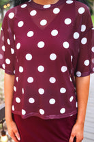 PREORDER- Emma Mesh Tee- Burgundy Polka Dot-Top-Dear Me Southern Boutique, located in DeRidder, Louisiana