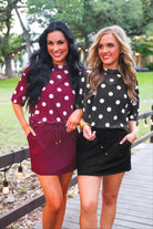 PREORDER- Emma Mesh Tee- Burgundy Polka Dot-Top-Dear Me Southern Boutique, located in DeRidder, Louisiana