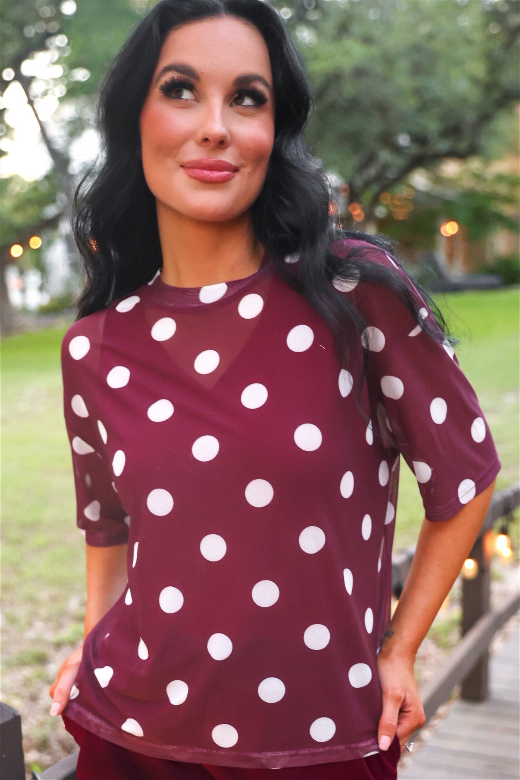PREORDER- Emma Mesh Tee- Burgundy Polka Dot-Top-Dear Me Southern Boutique, located in DeRidder, Louisiana