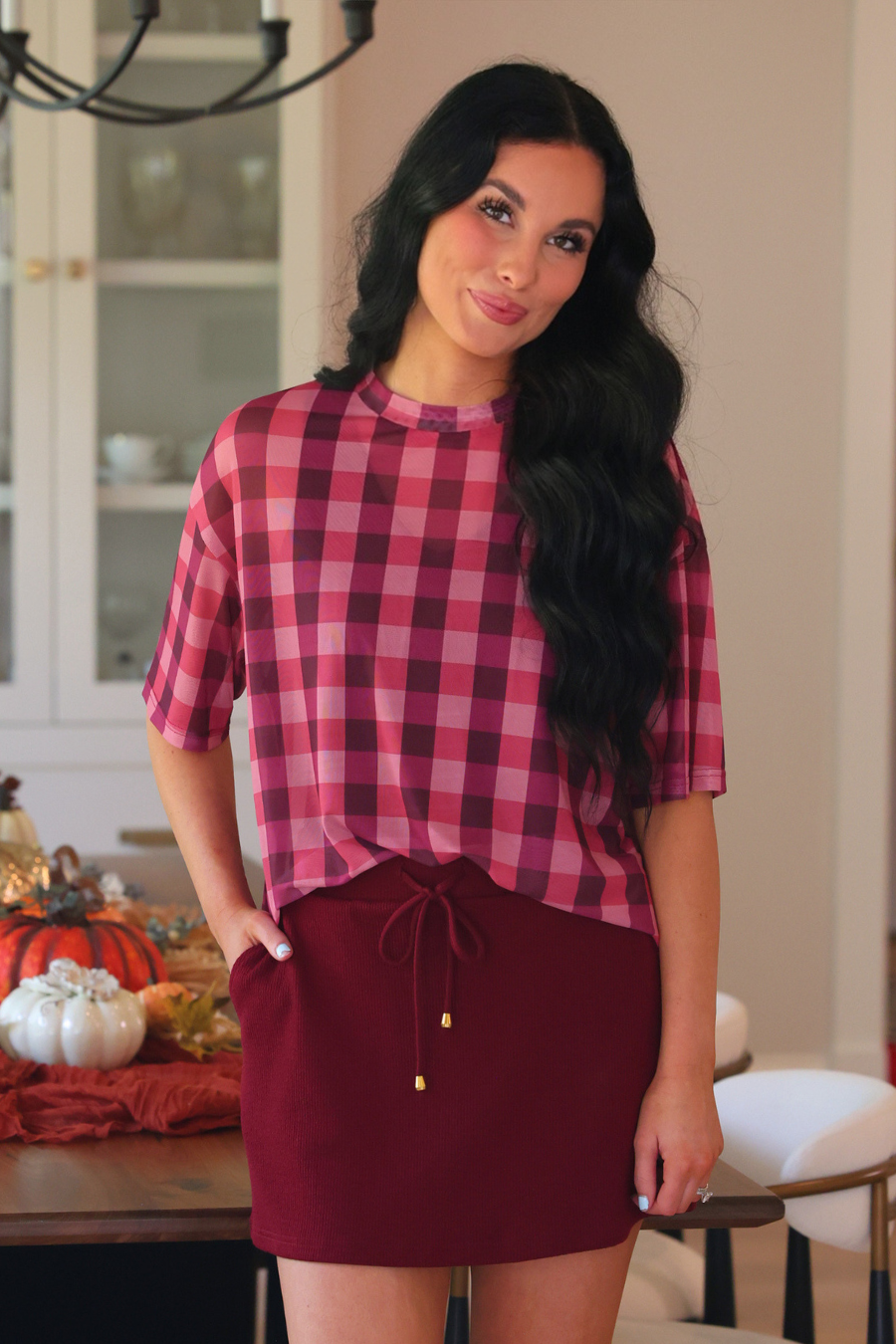 PREORDER- Emma Mesh Tee- Cranberry Gingham-Top-Dear Me Southern Boutique, located in DeRidder, Louisiana