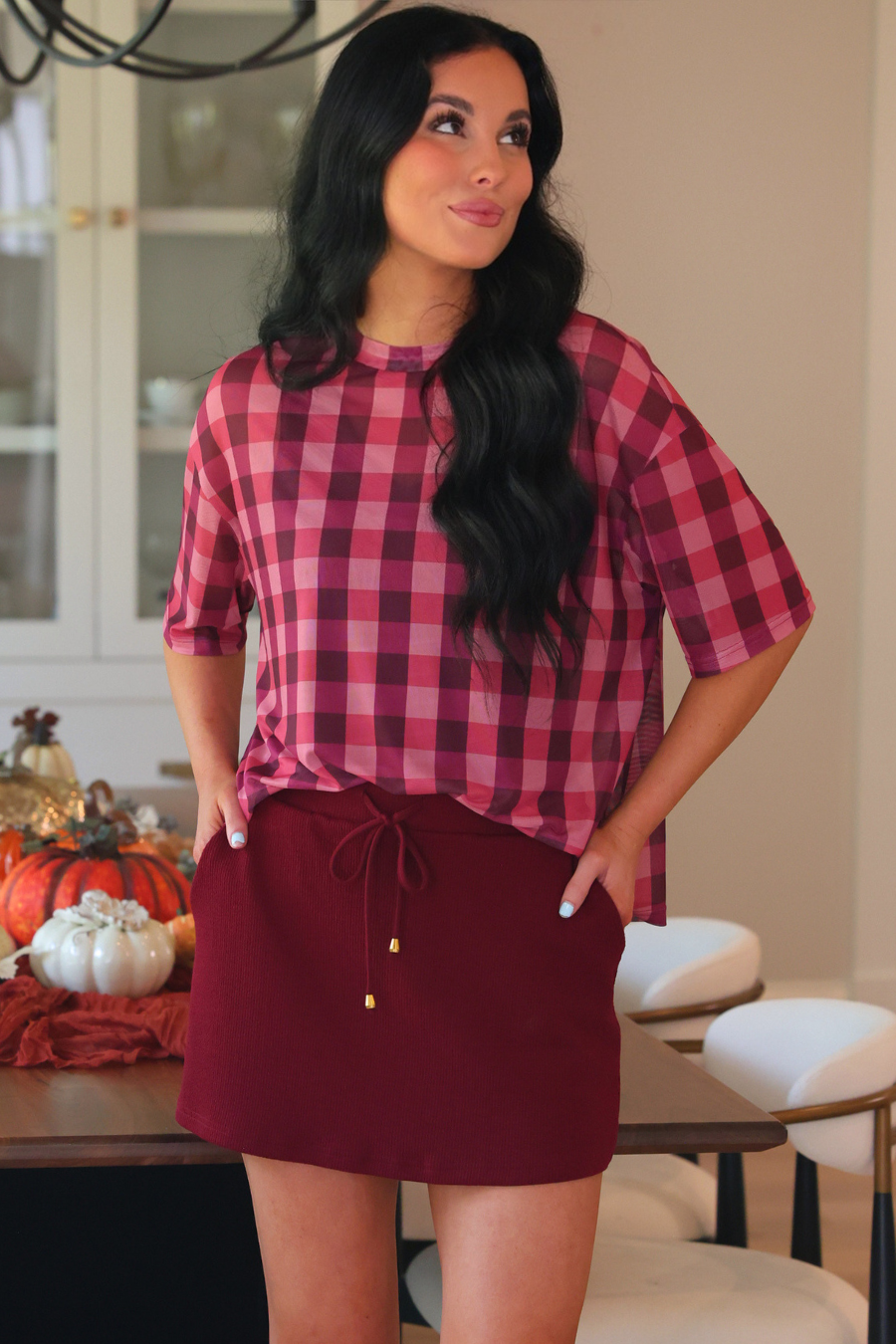 PREORDER- Emma Mesh Tee- Cranberry Gingham-Top-Dear Me Southern Boutique, located in DeRidder, Louisiana