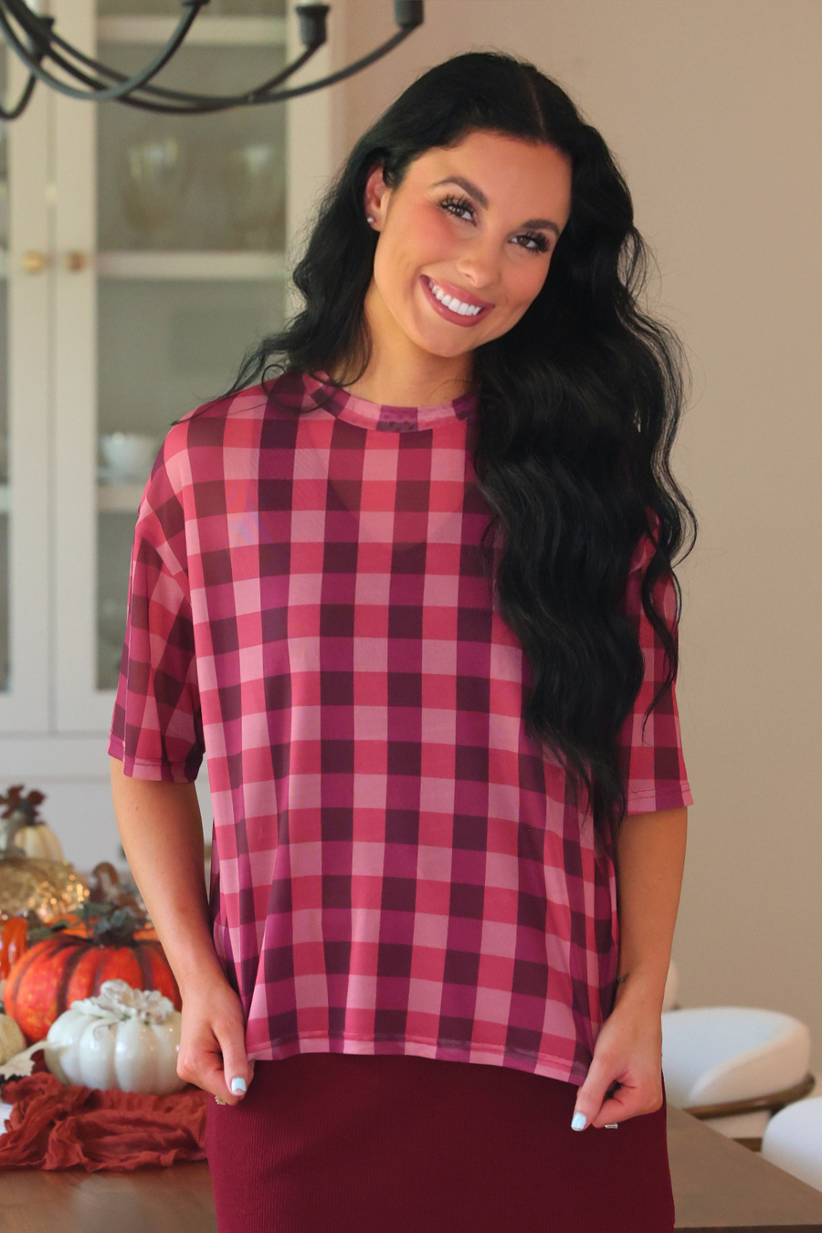 PREORDER- Emma Mesh Tee- Cranberry Gingham-Top-Dear Me Southern Boutique, located in DeRidder, Louisiana