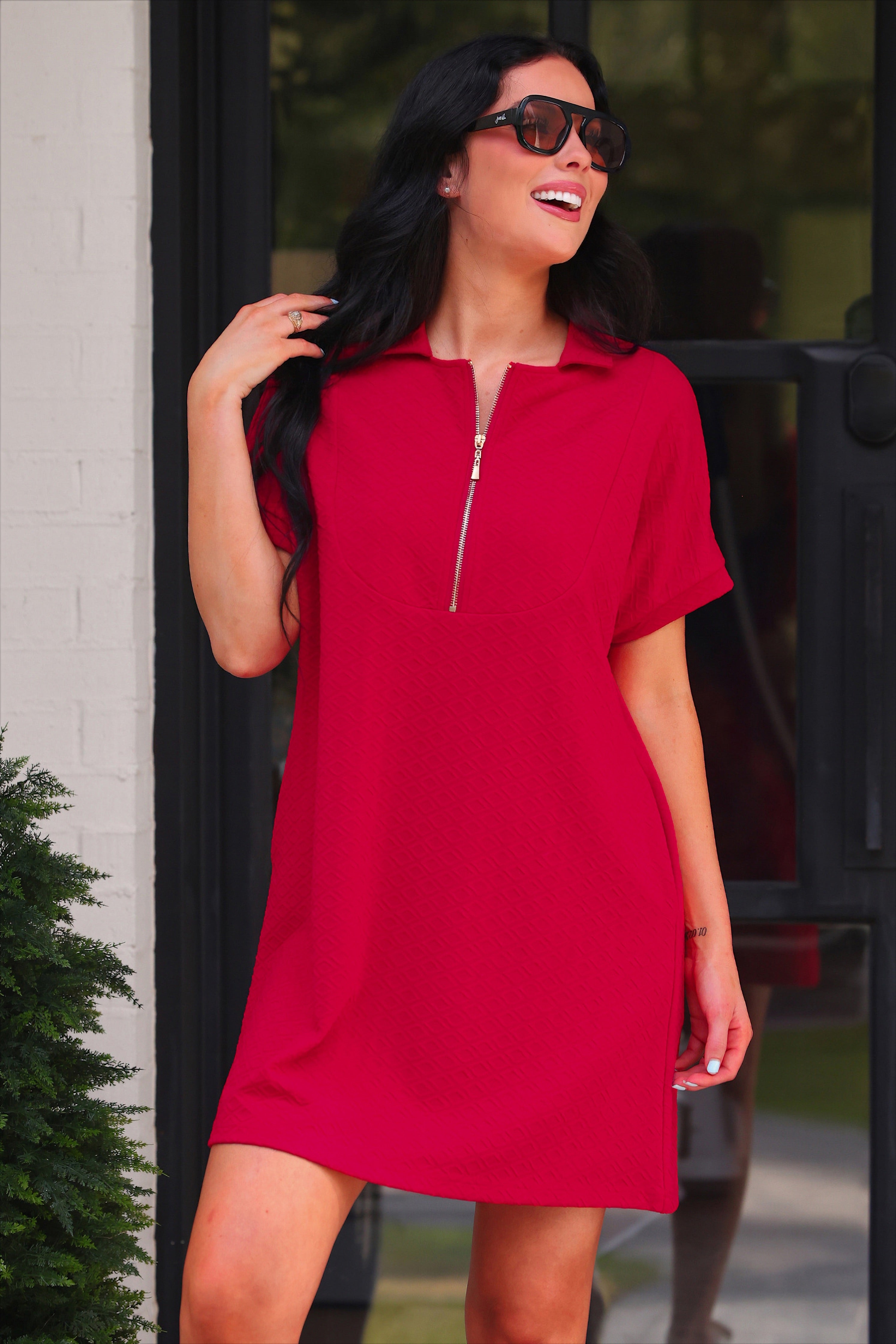 PREORDER- Ezra Textured Zipper Dress- Red-Dress-Dear Me Southern Boutique, located in DeRidder, Louisiana