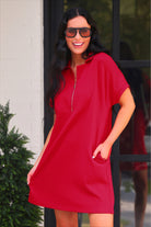 PREORDER- Ezra Textured Zipper Dress- Red-Dress-Dear Me Southern Boutique, located in DeRidder, Louisiana