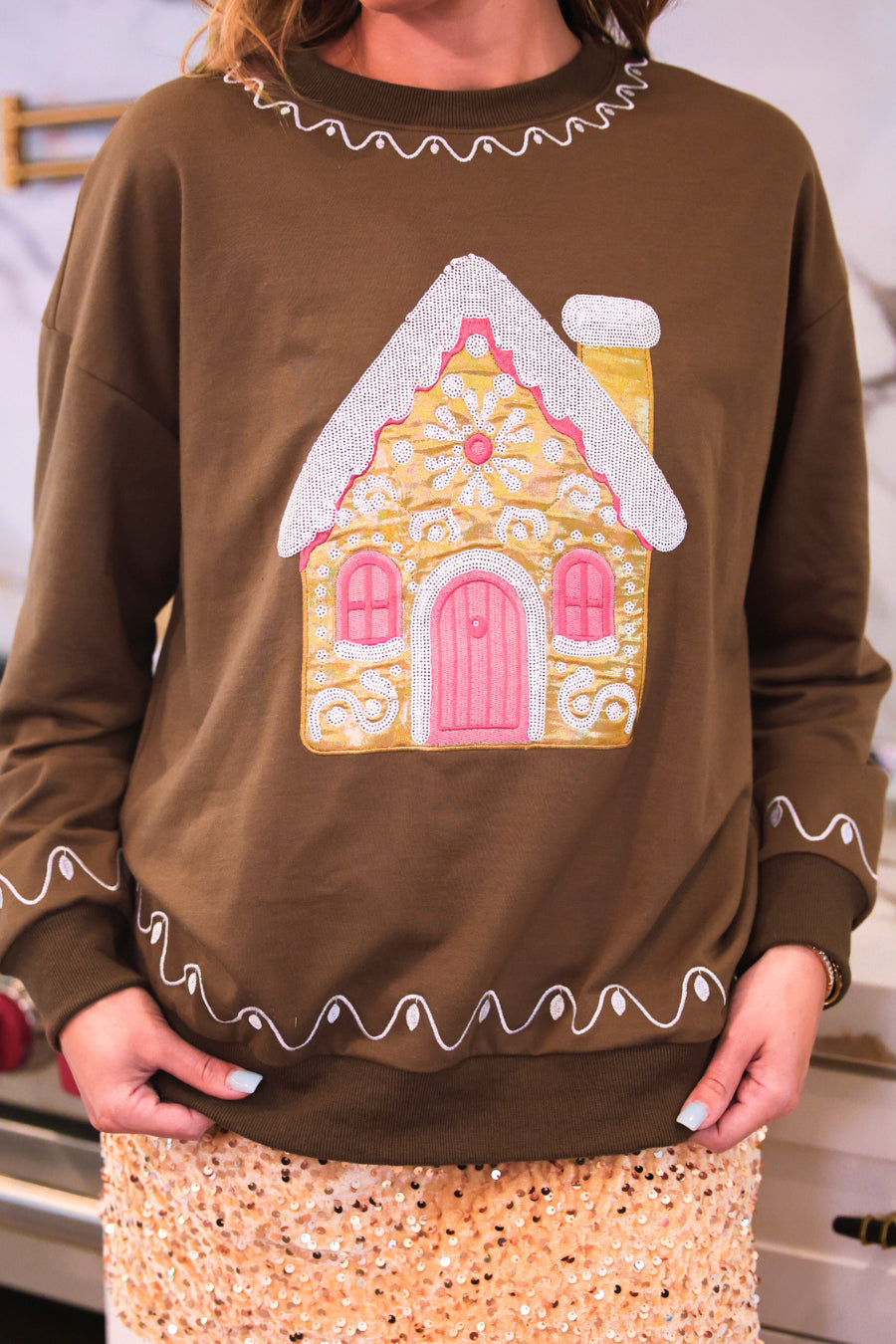 PREORDER- Foil Gingerbread House Pullover-pullover-Dear Me Southern Boutique, located in DeRidder, Louisiana