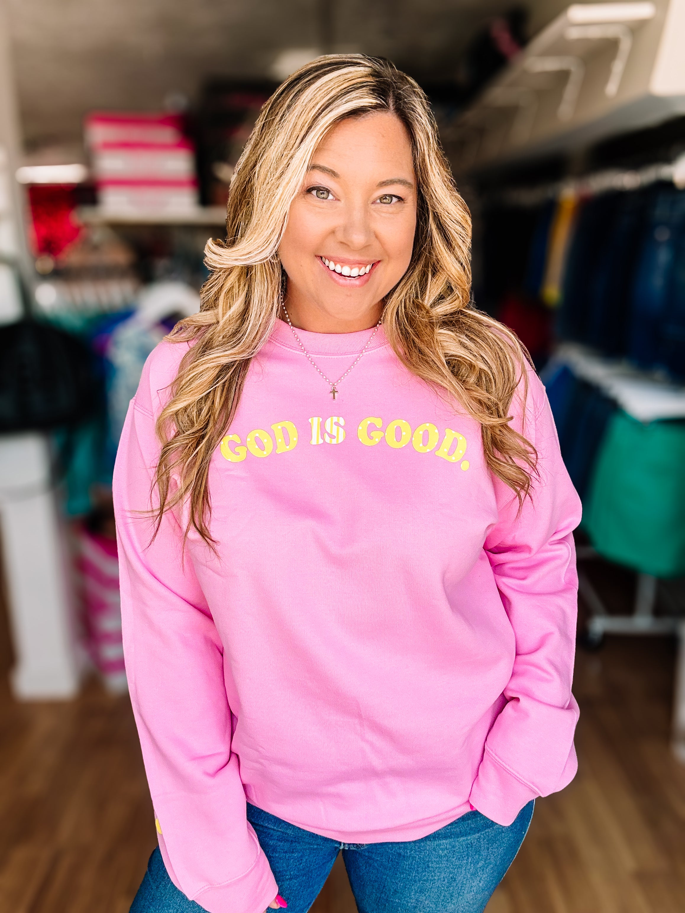 PREORDER God is Good Large Print Sweatshirt-Sweatshirt-Dear Me Southern Boutique, located in DeRidder, Louisiana