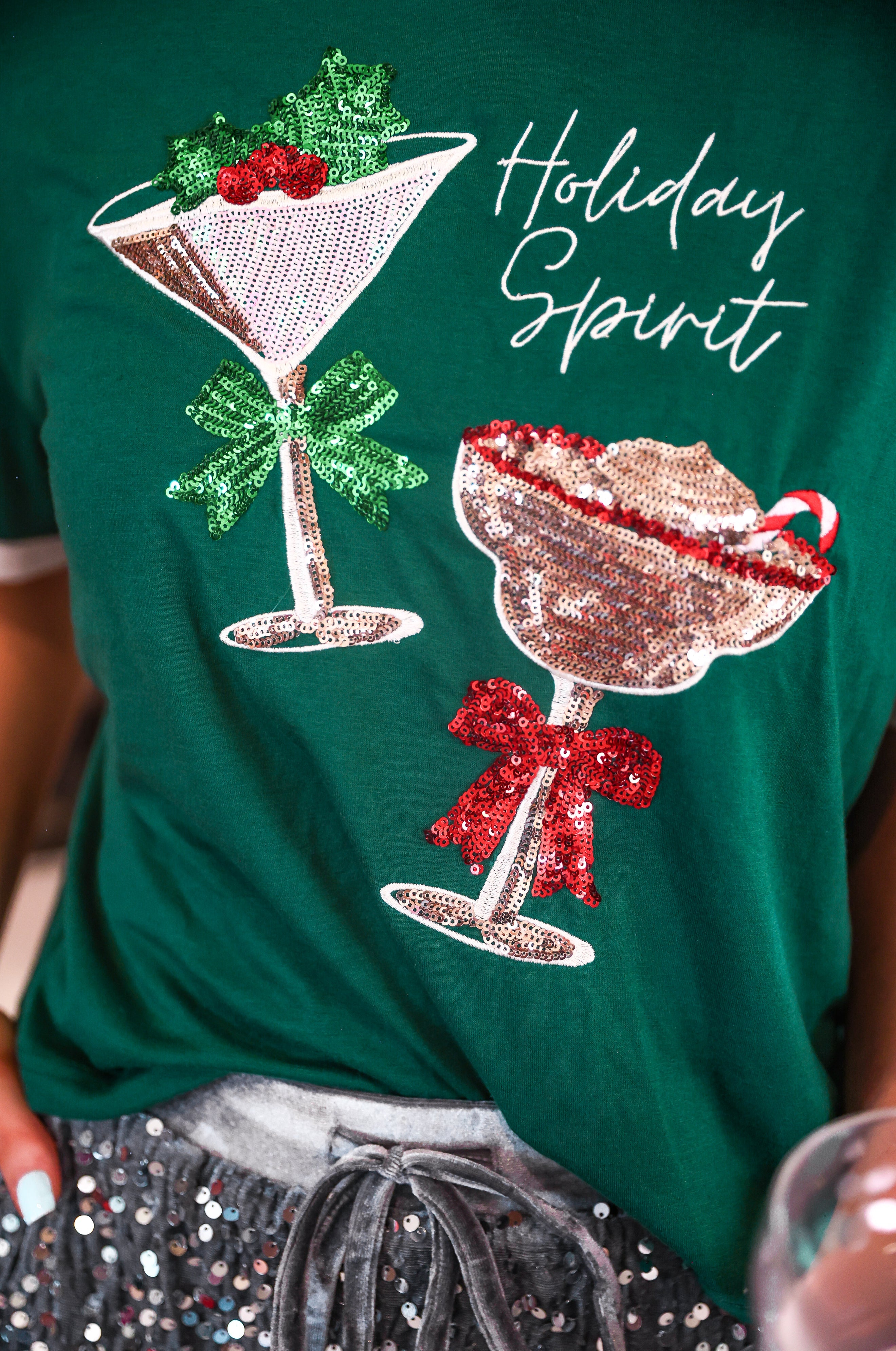PREORDER- Holiday Spirit Sequin Embroidered Tee-Tee-Dear Me Southern Boutique, located in DeRidder, Louisiana