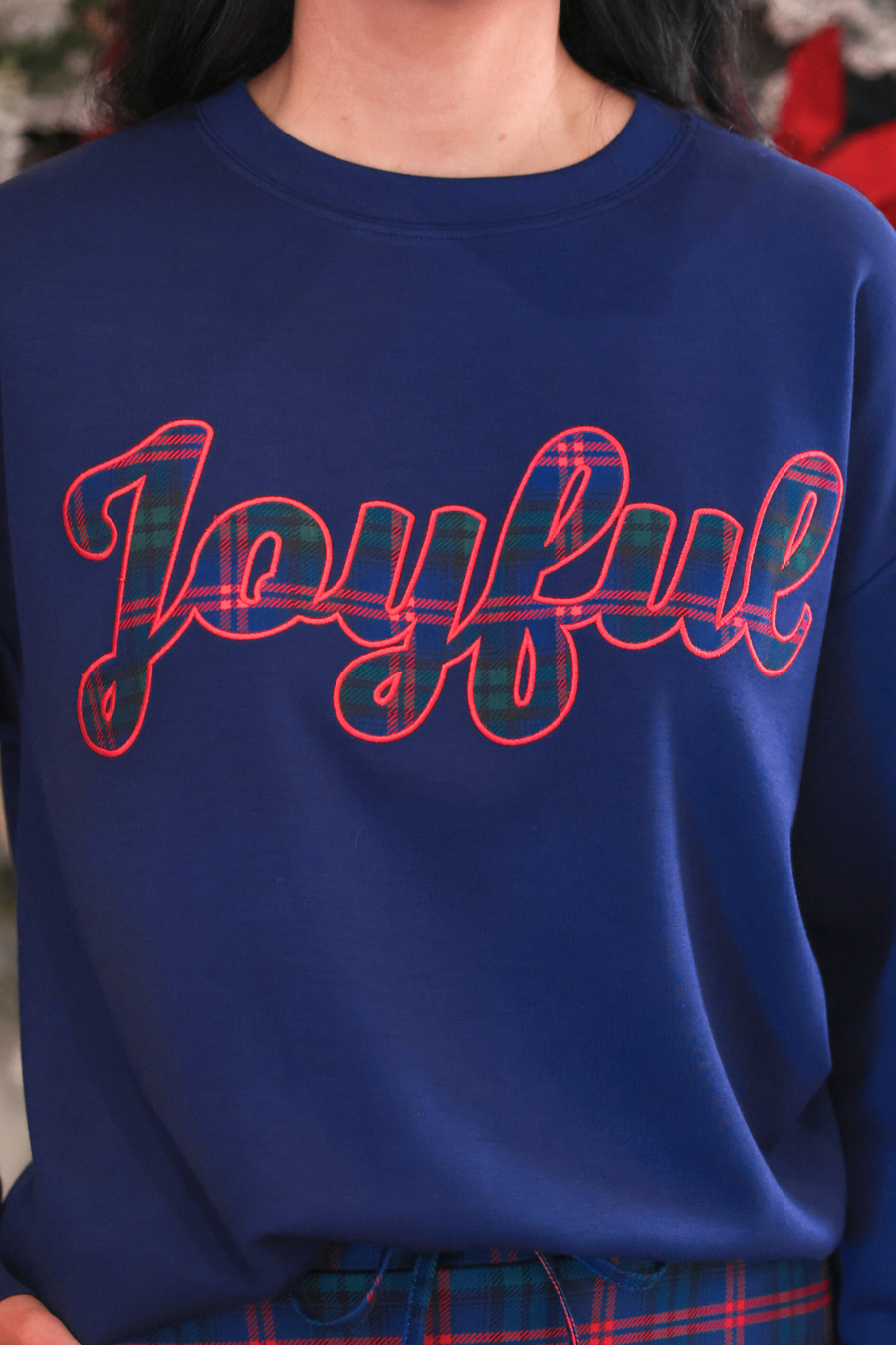PREORDER- Joyful Plaid Patch Luxe Pullover-Pullover-Dear Me Southern Boutique, located in DeRidder, Louisiana