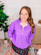 PREORDER: Levi Ribbed Quarter Zip Pullover- Purple-Sweatshirt-Dear Me Southern Boutique, located in DeRidder, Louisiana