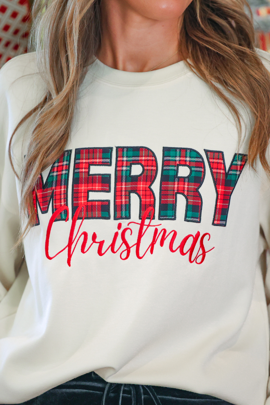 PREORDER- Merry Christmas Plaid Patch Pullover-Pullover-Dear Me Southern Boutique, located in DeRidder, Louisiana