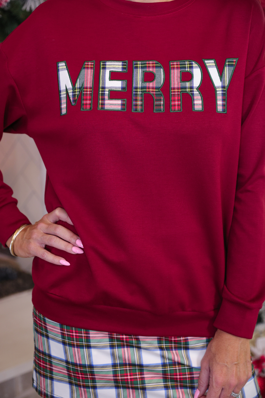 PREORDER- Merry Plaid Patch Luxe Pullover-pullover-Dear Me Southern Boutique, located in DeRidder, Louisiana