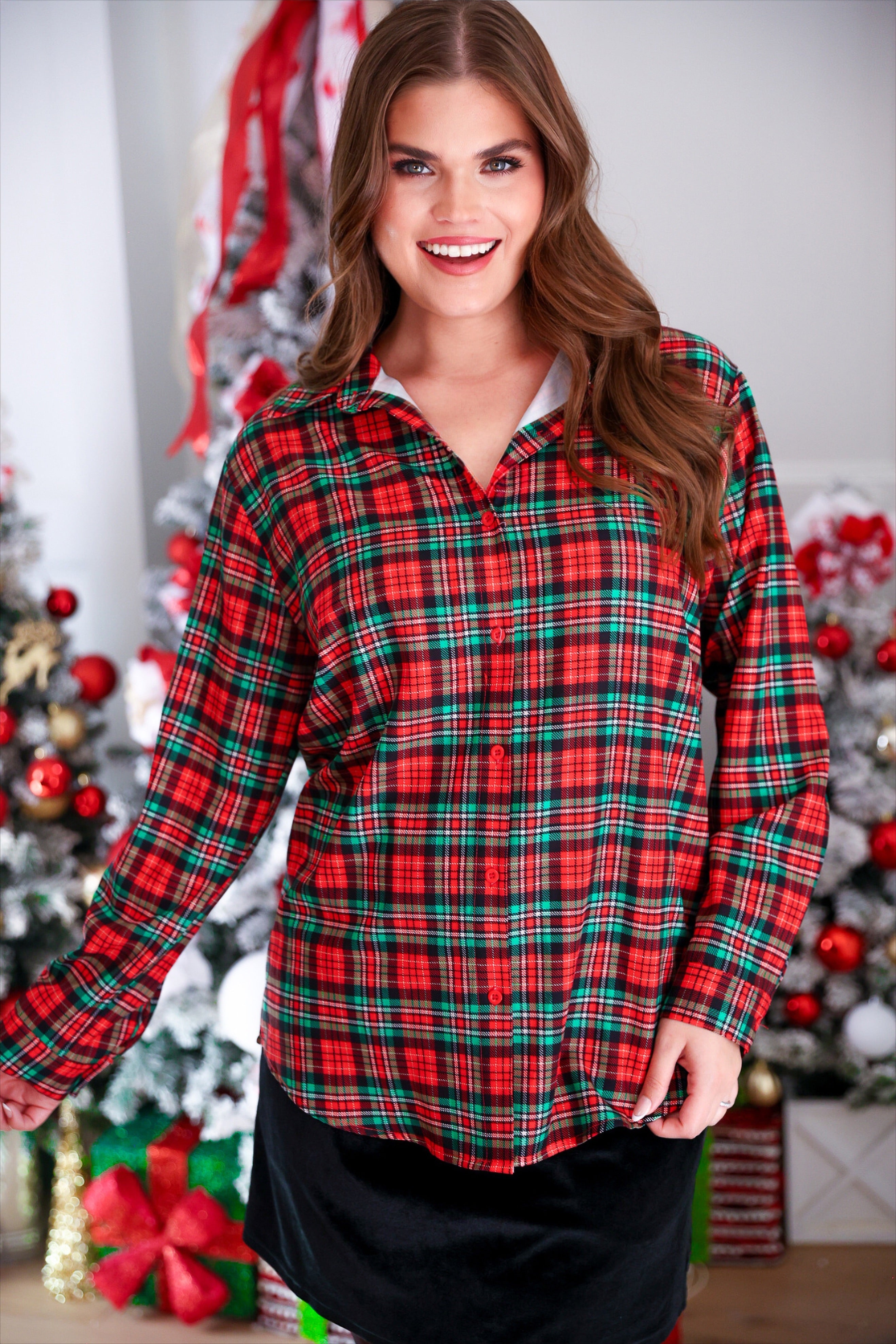 PREORDER- Nina Button Up Tunic- Christmas Plaid-Top-Dear Me Southern Boutique, located in DeRidder, Louisiana
