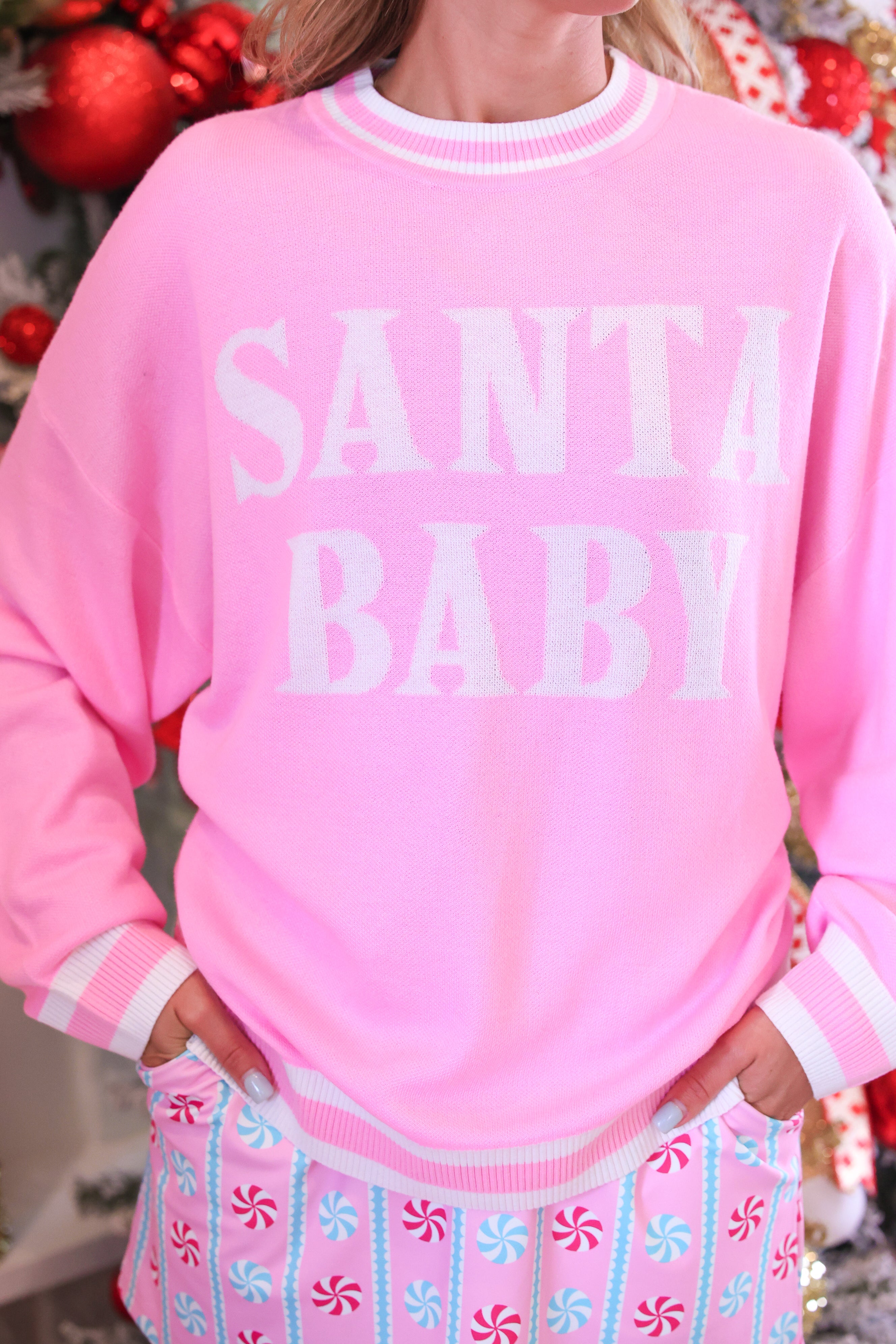 PREORDER- Pink Santa Baby Jacquard Knit Sweater-Sweater-Dear Me Southern Boutique, located in DeRidder, Louisiana