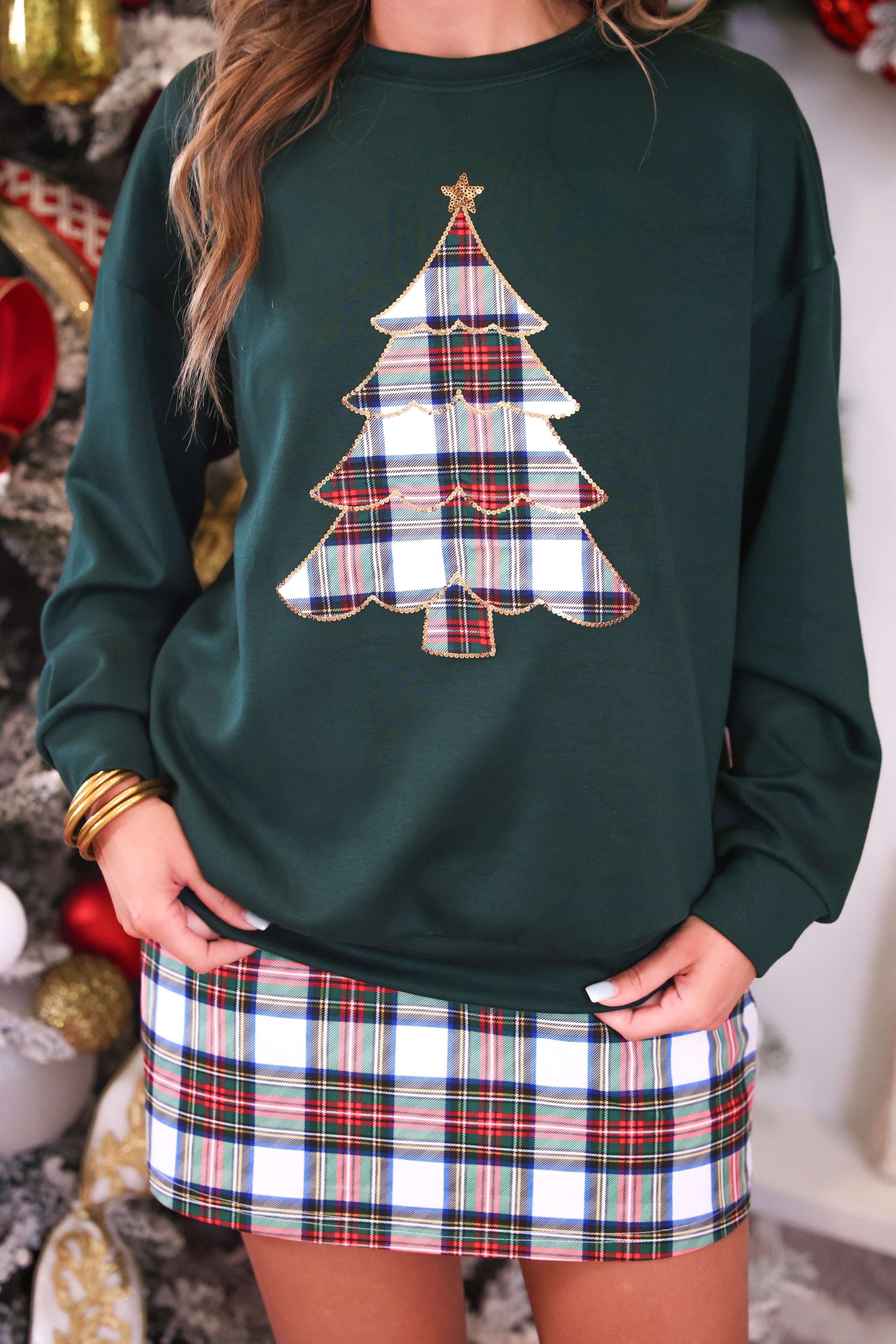 PREORDER- Plaid Christmas Tree Pullover-Pullover-Dear Me Southern Boutique, located in DeRidder, Louisiana