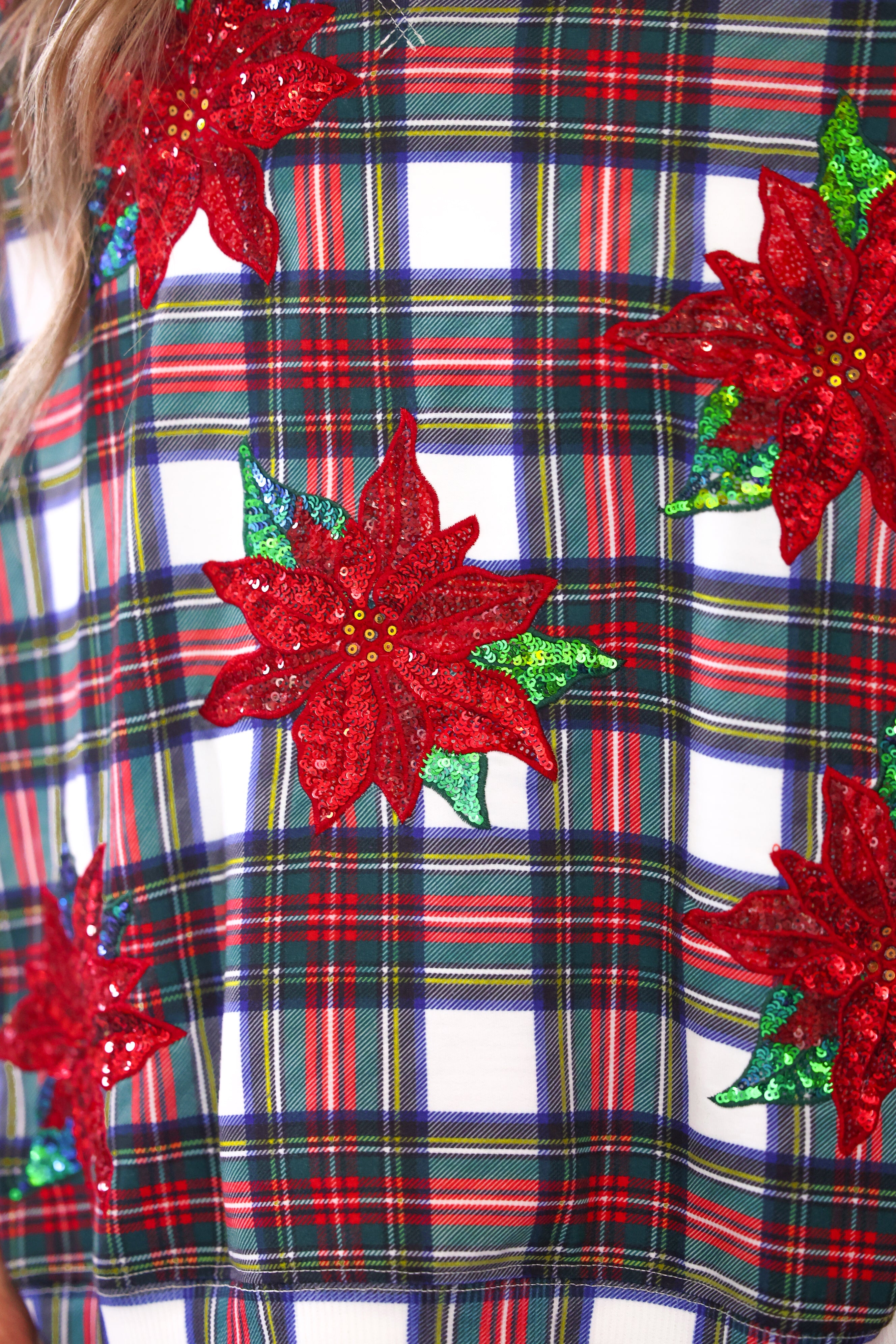 PREORDER- Plaid Poinsettia French Terry Pullover-pullover-Dear Me Southern Boutique, located in DeRidder, Louisiana