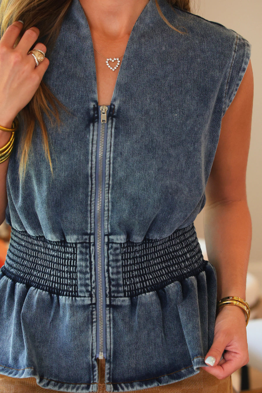 PREORDER- Refined Denim Peplum Top- Light Wash-Top-Dear Me Southern Boutique, located in DeRidder, Louisiana