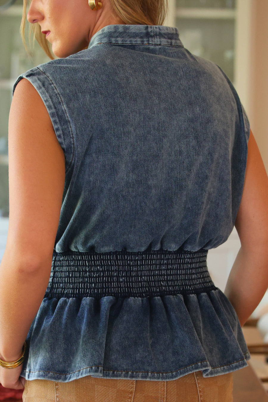 PREORDER- Refined Denim Peplum Top- Light Wash-Top-Dear Me Southern Boutique, located in DeRidder, Louisiana