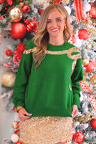 PREORDER- Sequin Bow Knit Sweater- Green/Gold-Sweater-Dear Me Southern Boutique, located in DeRidder, Louisiana