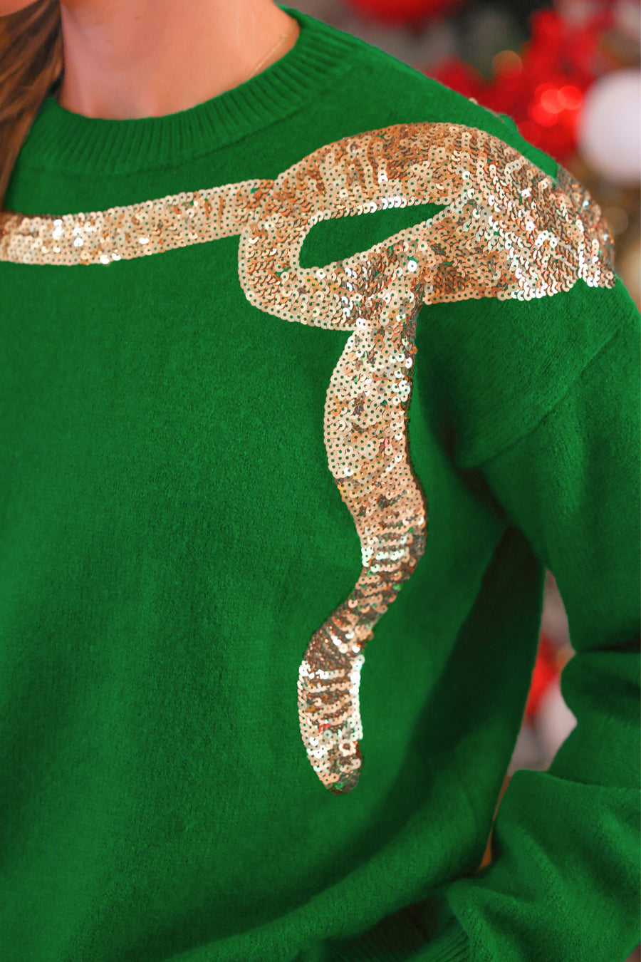 PREORDER- Sequin Bow Knit Sweater- Green/Gold-Sweater-Dear Me Southern Boutique, located in DeRidder, Louisiana