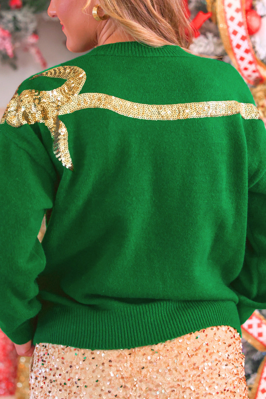 PREORDER- Sequin Bow Knit Sweater- Green/Gold-Sweater-Dear Me Southern Boutique, located in DeRidder, Louisiana