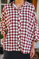 PREORDER- Sloane Button Up Top- Burgundy Gingham-Top-Dear Me Southern Boutique, located in DeRidder, Louisiana