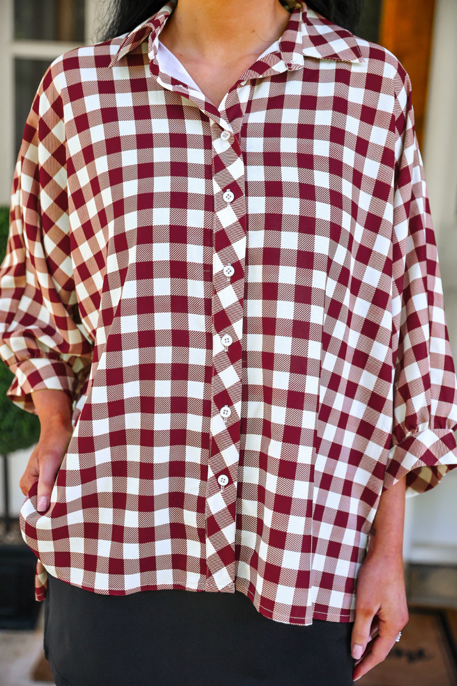PREORDER- Sloane Button Up Top- Burgundy Gingham-Top-Dear Me Southern Boutique, located in DeRidder, Louisiana