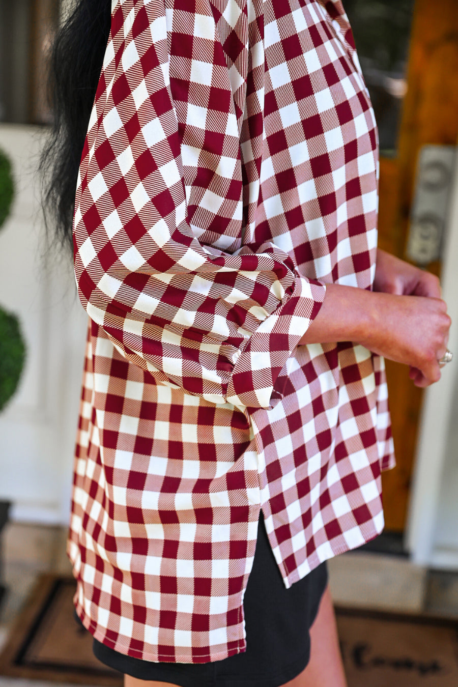 PREORDER- Sloane Button Up Top- Burgundy Gingham-Top-Dear Me Southern Boutique, located in DeRidder, Louisiana