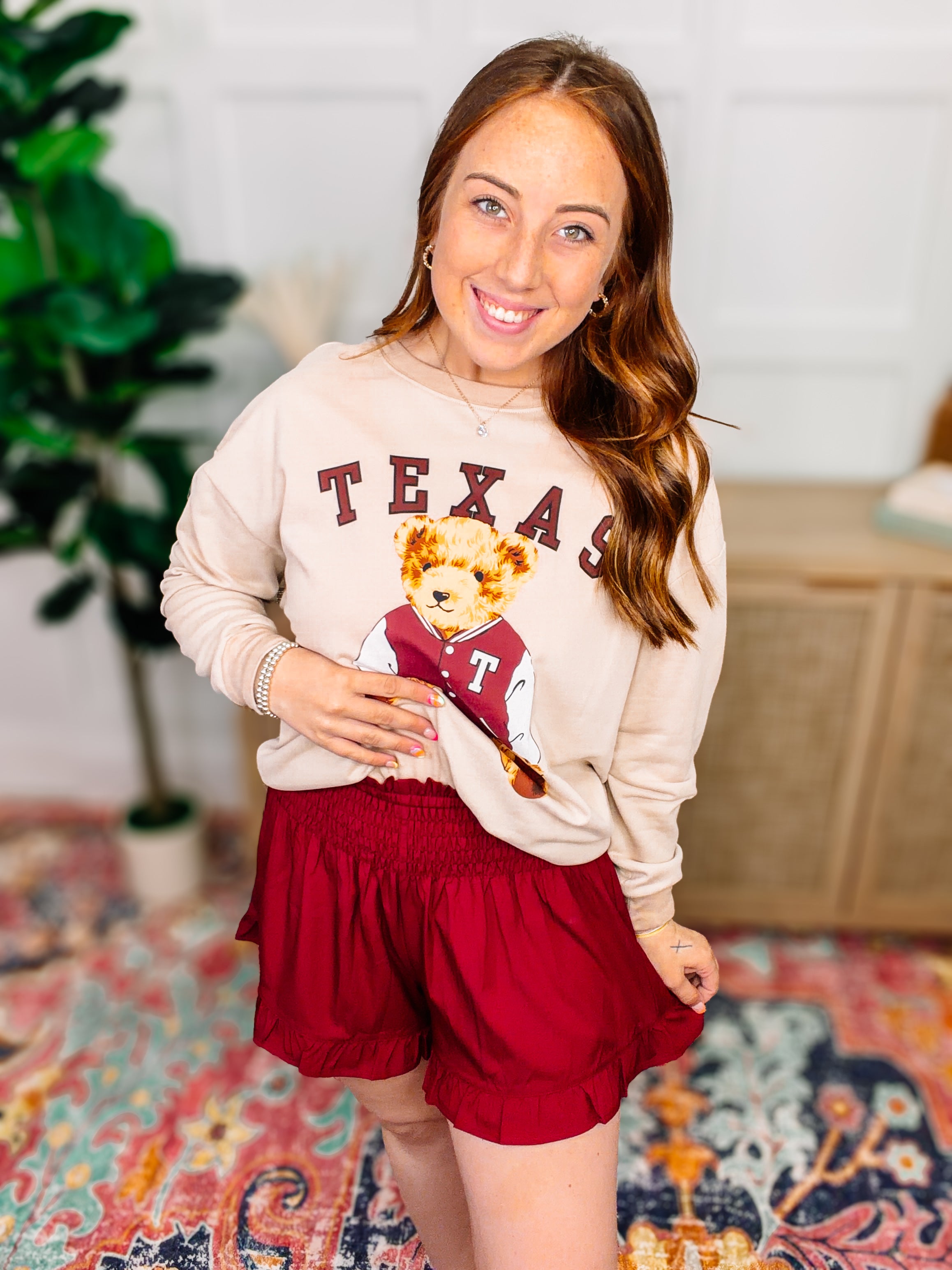 PREORDER: Sunny Strolls Shorts-Maroon-Bottoms-Dear Me Southern Boutique, located in DeRidder, Louisiana