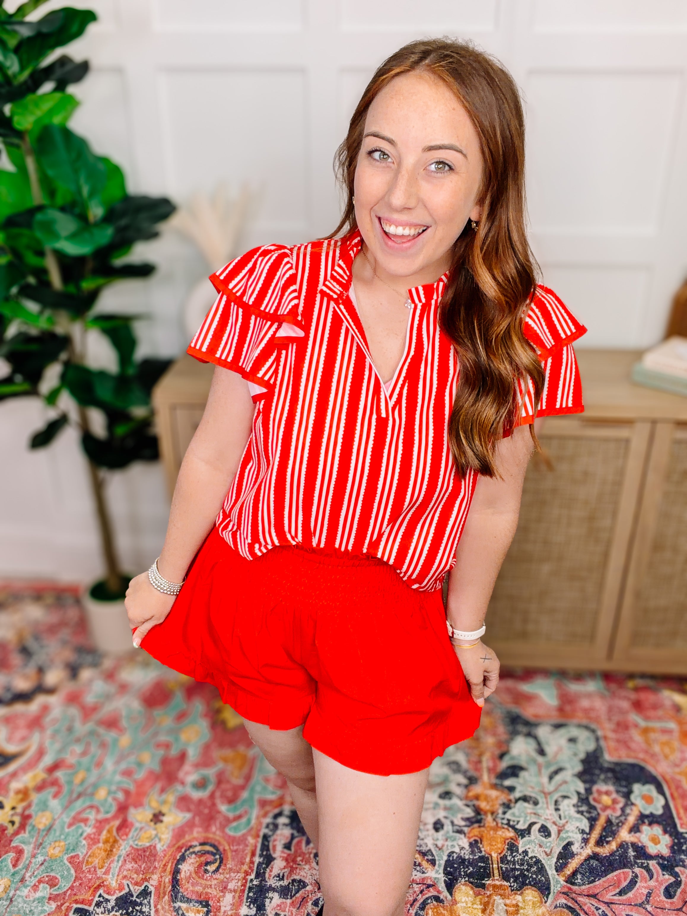 PREORDER: Sunny Strolls Shorts- Red-Bottoms-Dear Me Southern Boutique, located in DeRidder, Louisiana