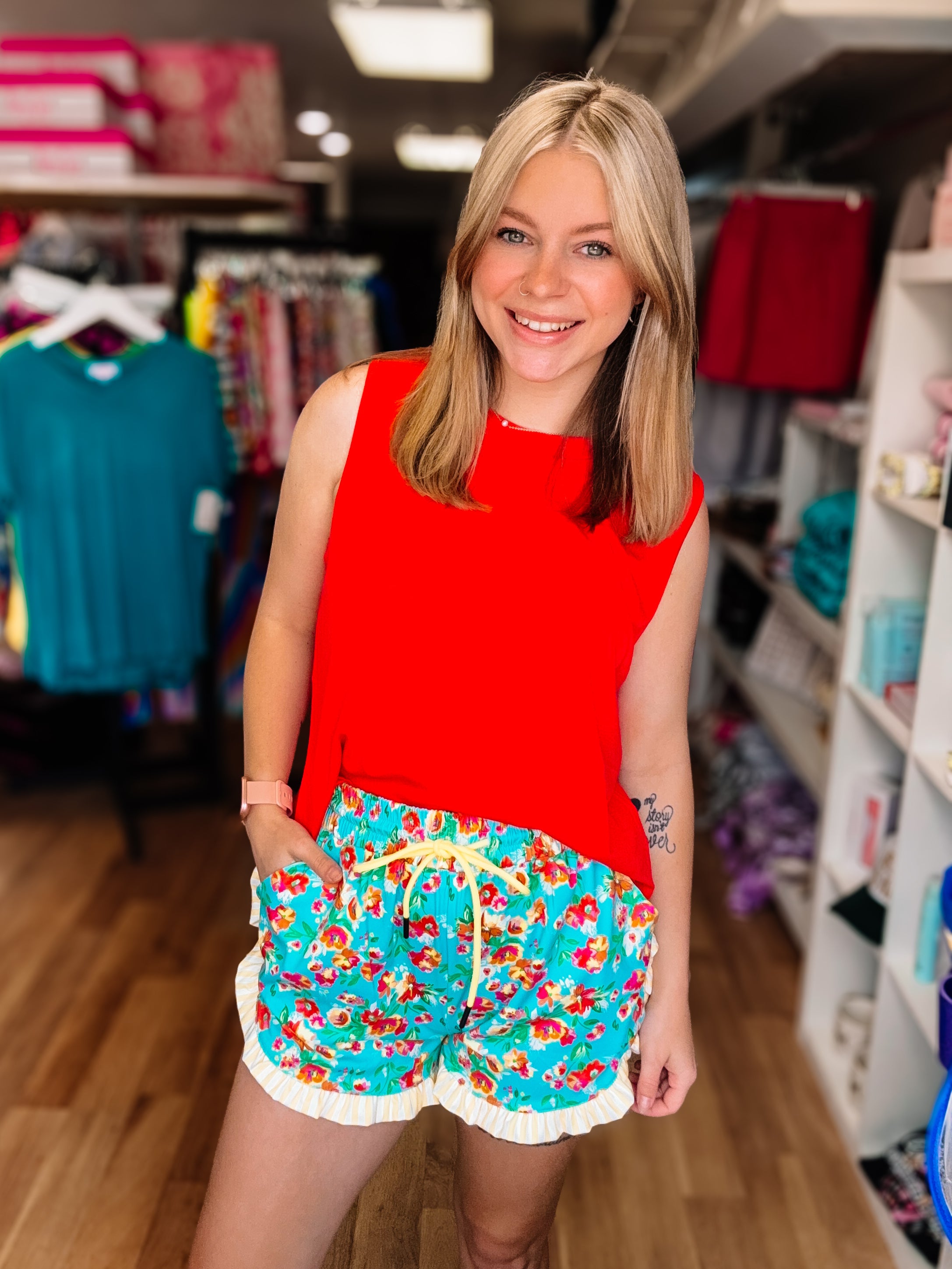 Painted Florals Ruffle Shorts-Bottoms-Dear Me Southern Boutique, located in DeRidder, Louisiana