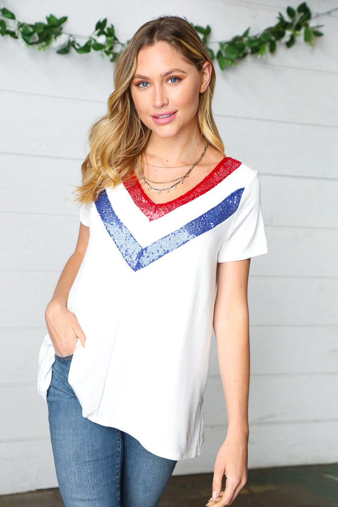 Patriotic Sequin V Neck Luxe Top (INSTOCK)-Dear Me Southern Boutique, located in DeRidder, Louisiana