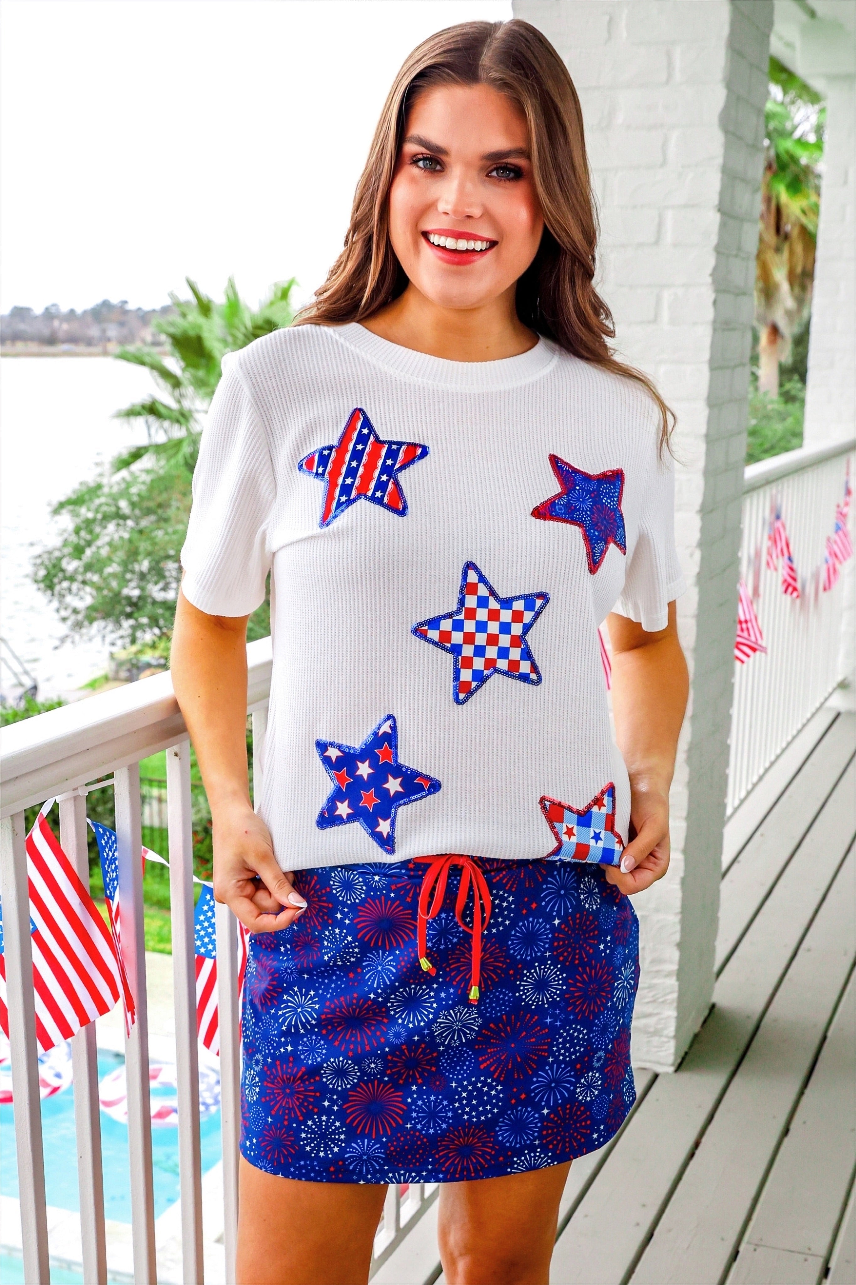 Patriotic Stars Patch Tee-Top-Dear Me Southern Boutique, located in DeRidder, Louisiana