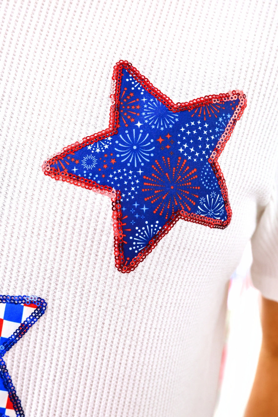 Patriotic Stars Patch Tee-Top-Dear Me Southern Boutique, located in DeRidder, Louisiana