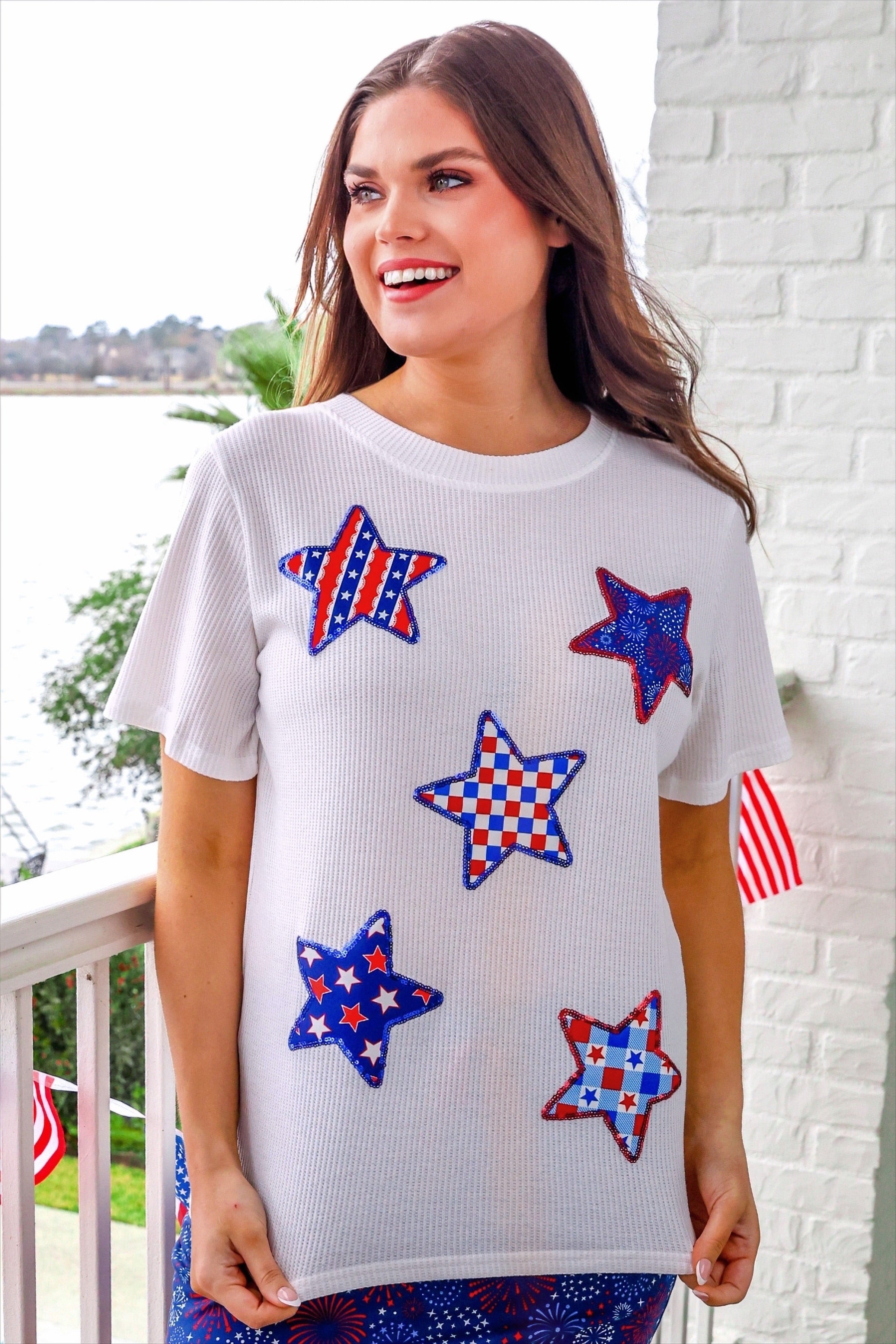 Patriotic Stars Patch Tee-Top-Dear Me Southern Boutique, located in DeRidder, Louisiana