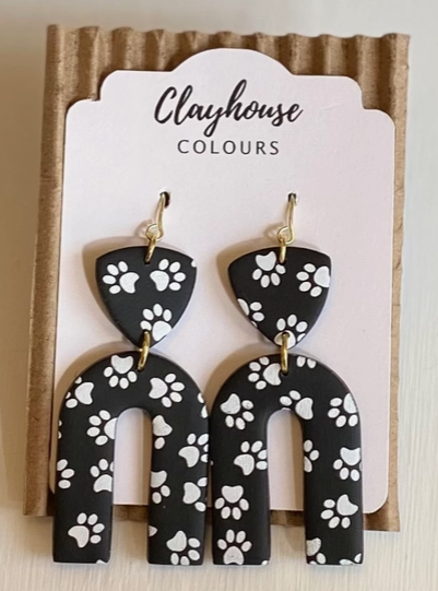 Paw Print Arches Clay Earrings - Black-Earrings-Dear Me Southern Boutique, located in DeRidder, Louisiana