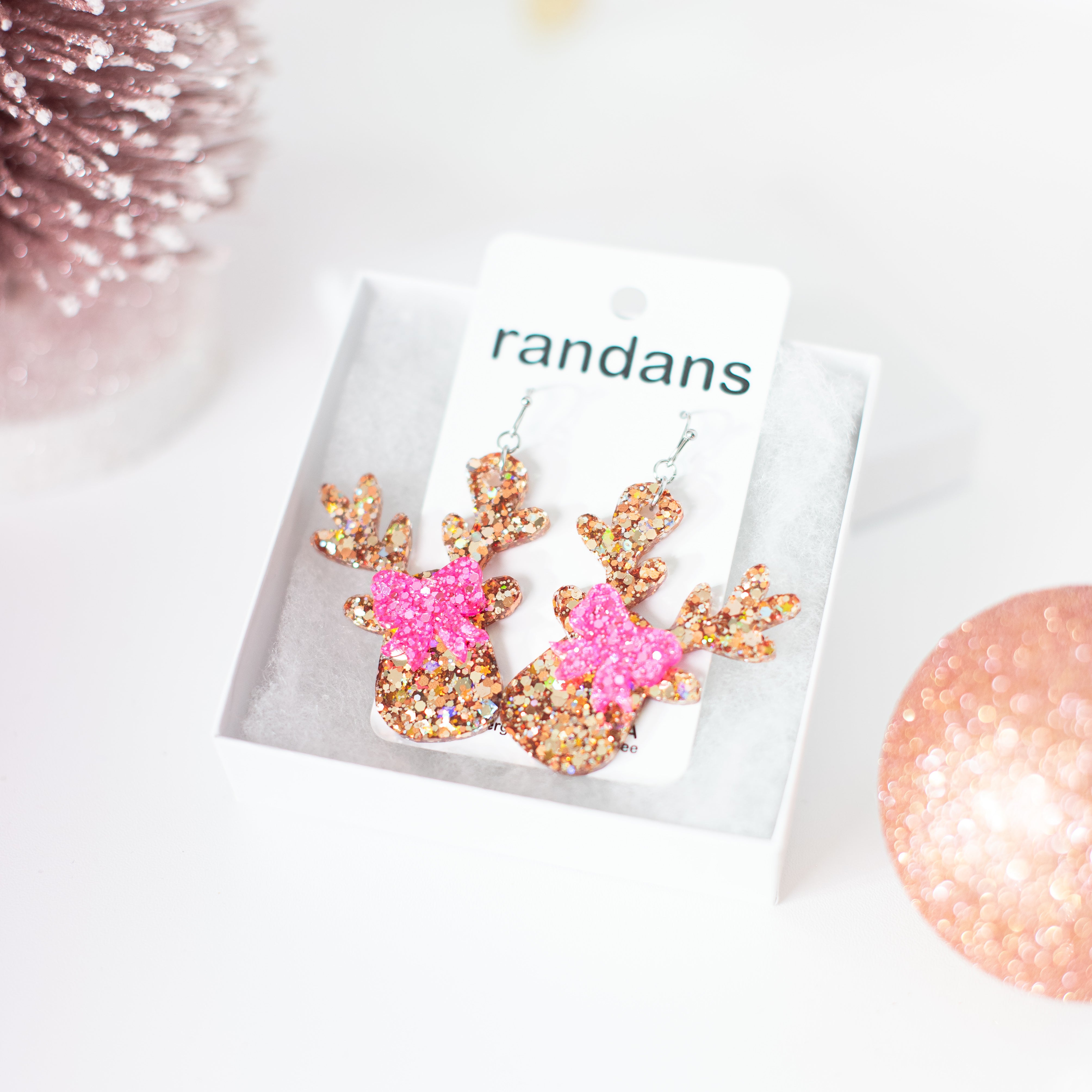 Pink Bow Reindeer Randans Dangles-Earrings-Dear Me Southern Boutique, located in DeRidder, Louisiana