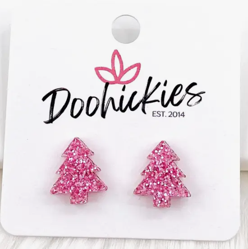 Pink Christmas Tree Glitter Studs-Dear Me Southern Boutique, located in DeRidder, Louisiana