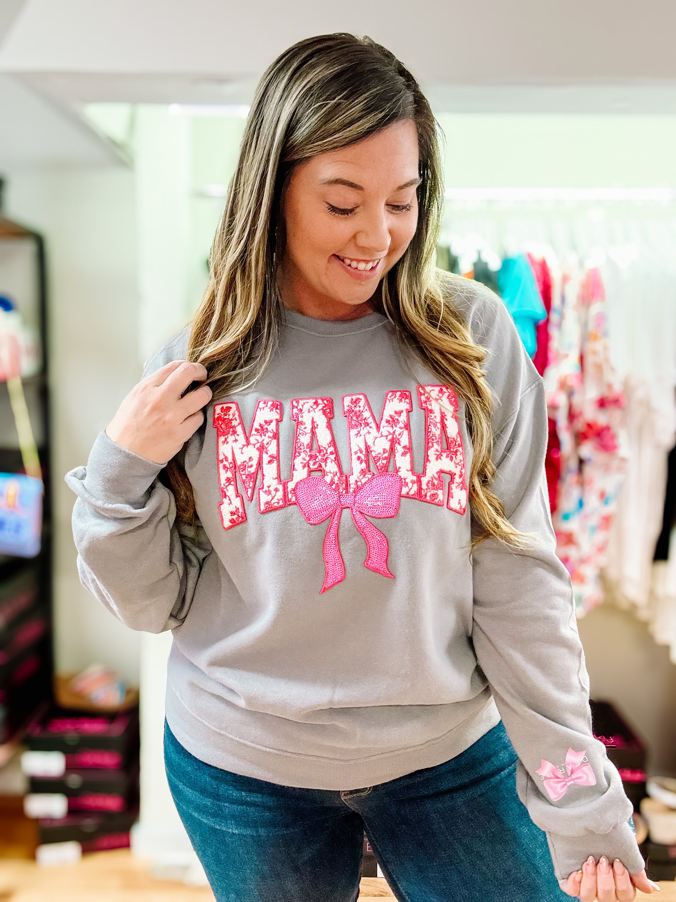 Pink MAMA Pullover Sweatshirt-Sweatshirts-Dear Me Southern Boutique, located in DeRidder, Louisiana