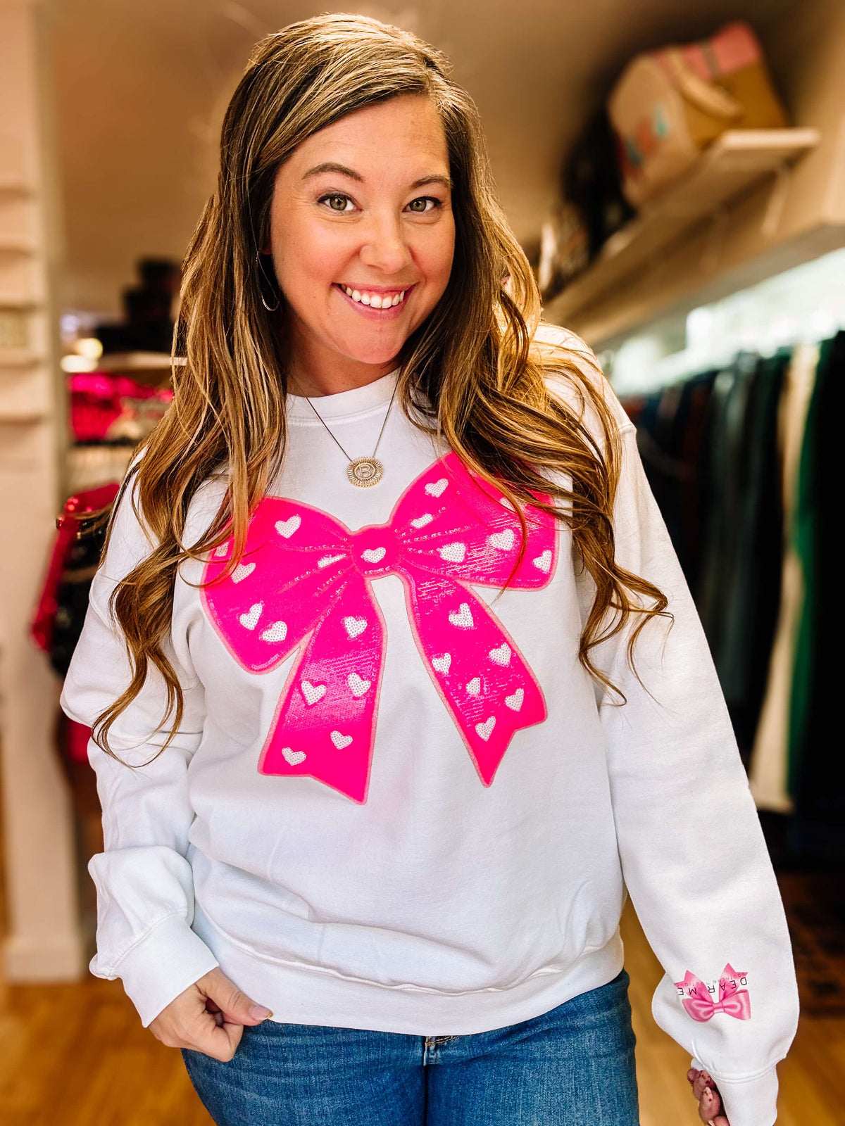 Pink Sequin Coquette Bow Pullover (Multiple Colors)-Sweatshirts-Dear Me Southern Boutique, located in DeRidder, Louisiana