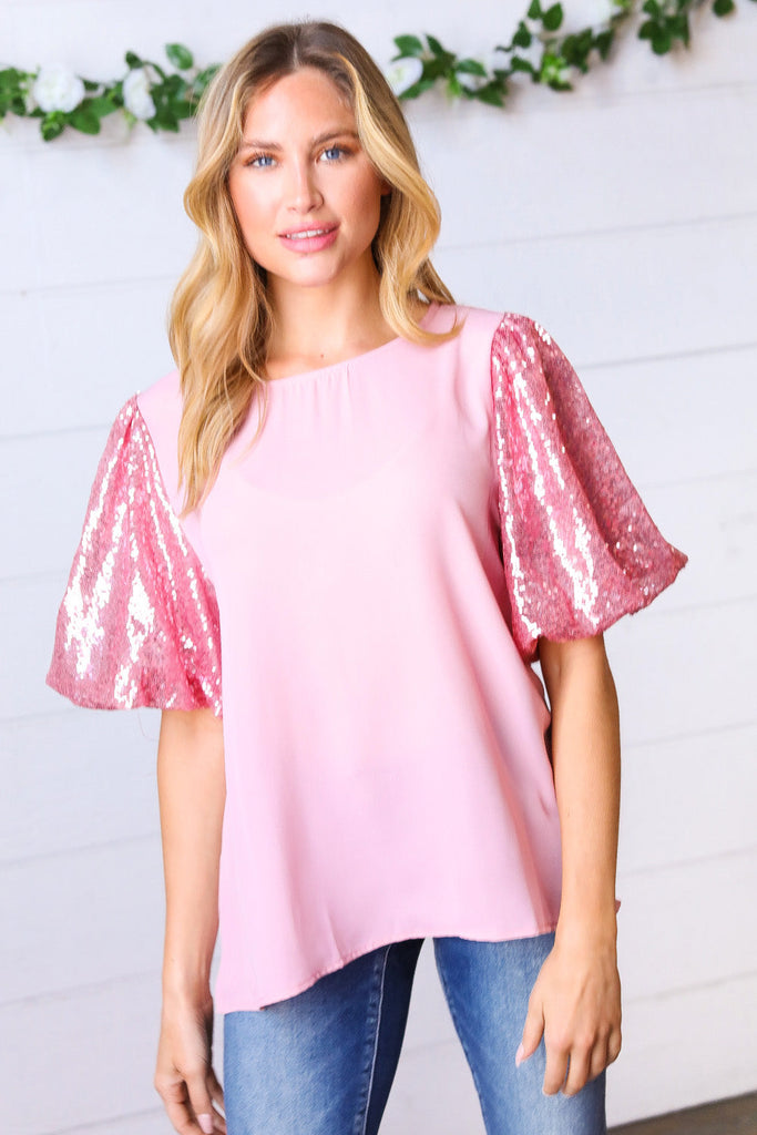 Pink Sequin Puff Sleeve Top-Dear Me Southern Boutique, located in DeRidder, Louisiana