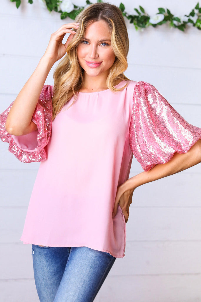 Pink Sequin Puff Sleeve Top-Dear Me Southern Boutique, located in DeRidder, Louisiana