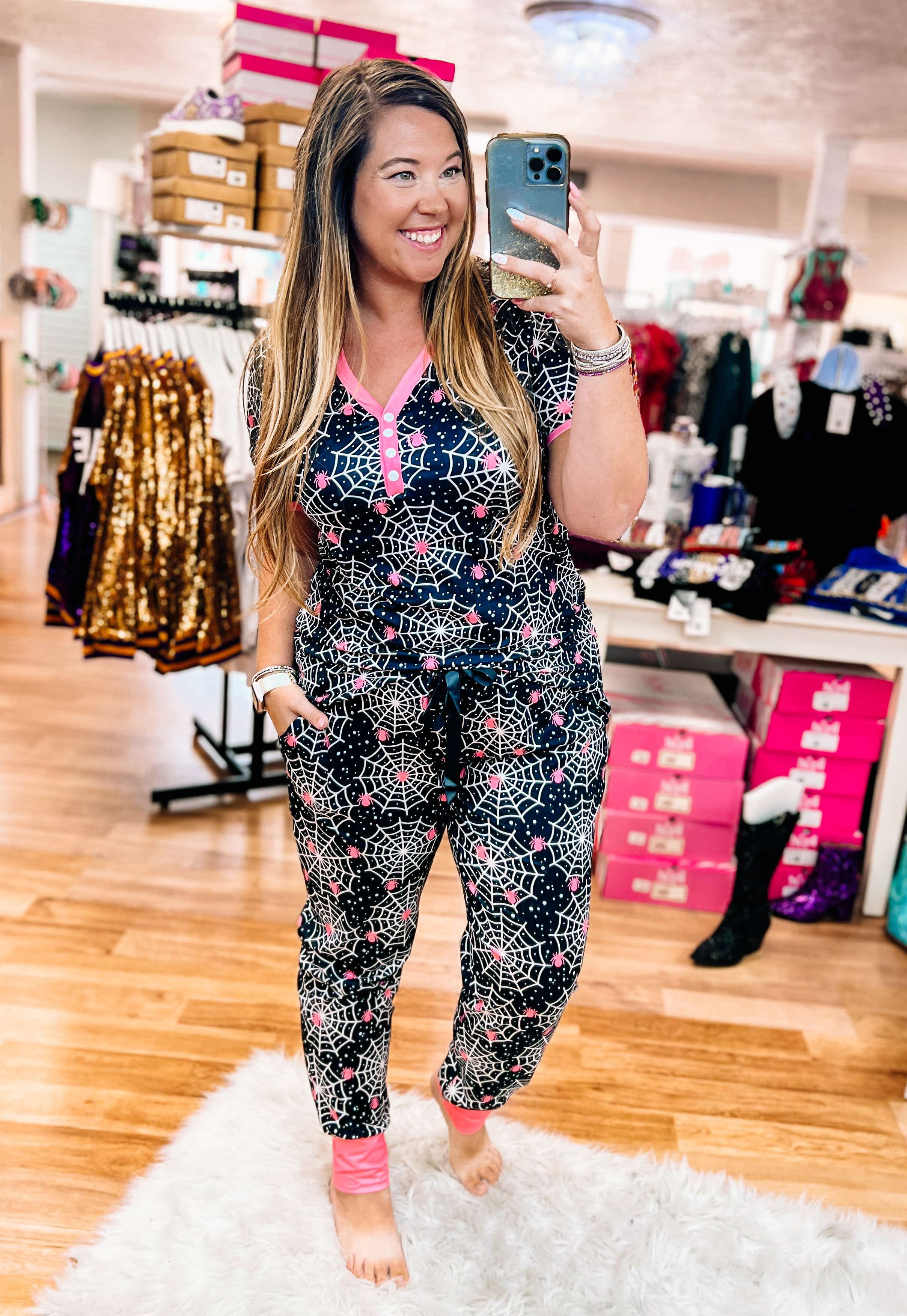 Pink Spider Web Pajama Set-Sleepwear-Dear Me Southern Boutique, located in DeRidder, Louisiana