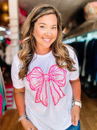 Pink Static Bow Tee-Graphic Tops-Dear Me Southern Boutique, located in DeRidder, Louisiana